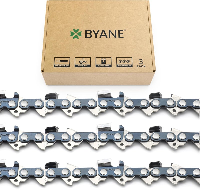 Byane 20 Inch Chainsaw Chain, 3/8" Pitch, 050" Gauge, 70 Drive Links, d70 chain, Fits Poulan PR5020, Echo CS590, and More-72LPX70CQ (3 Chain). - Image 1